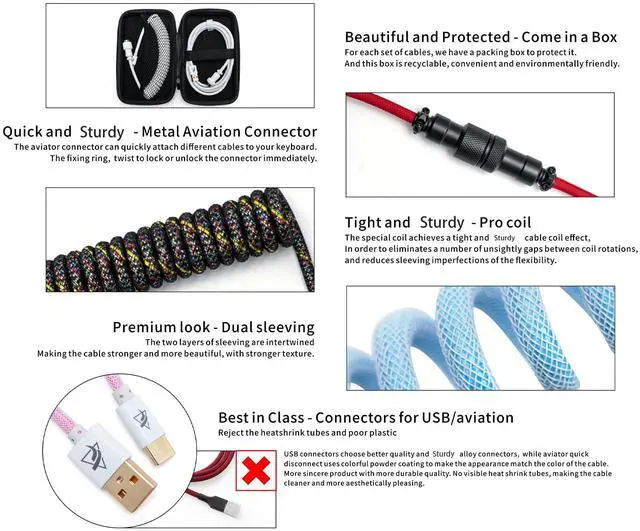 Alt view image 5 of 5 - Formulamod Coiled USB C Aviator Cable for Mechanical Keyboard - Pro Double Sleeved With Organizer Zipper Bag (Red)