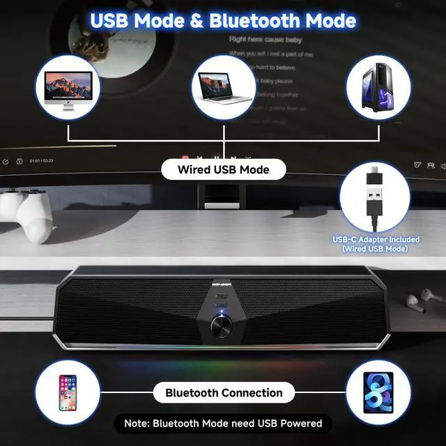 Alt view image 4 of 5 - SENZER CS30 Bluetooth Computer Speakers for Desktop, USB Plug & Play PC Speakers with Dynamic LED Light, Stereo Sound Soundbar for Desktop Laptop Monitor (USB-C Adapter Included)