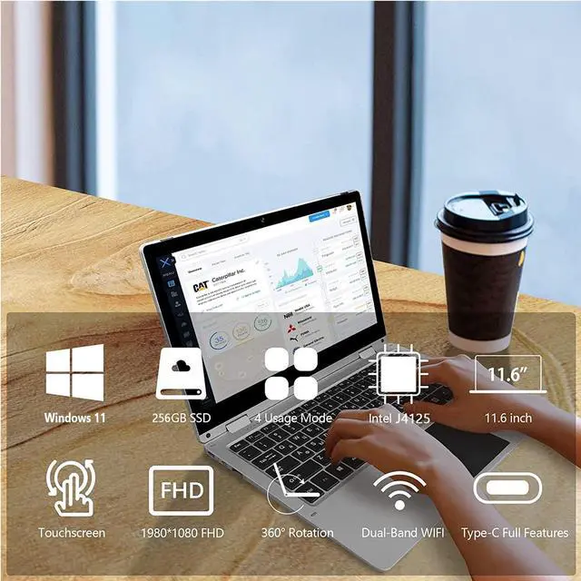 Alt view image 4 of 5 - Windows Laptop, 2 in 1 with Touchscreen,11.6 inch FHD Windows 11 Laptops Computer,4GB RAM,256GB SSD Storage,360 Degree Convertible Tablet Intel Celeron J4125 Processor,Webcam,WiFi,Type-C,Silver