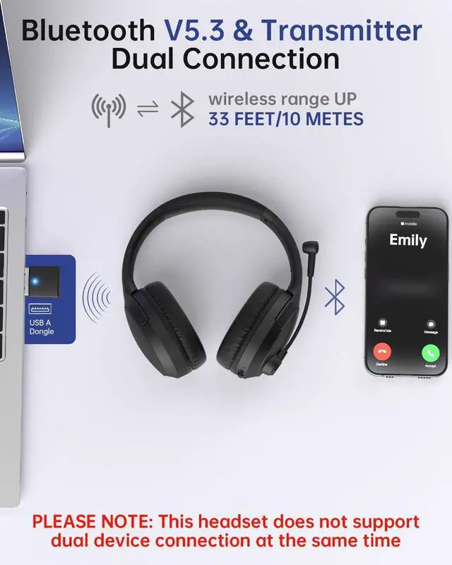 Alt view image 4 of 5 - Wireless Headset with Mic for Work up to 40H Talk Time, Over-Ear Foldable Bluetooth Wireless Headset with AI Noise Cancelling Mic, Bluetooth V5.3 & USB Dongle & Mic Mute for Home Office (Black)