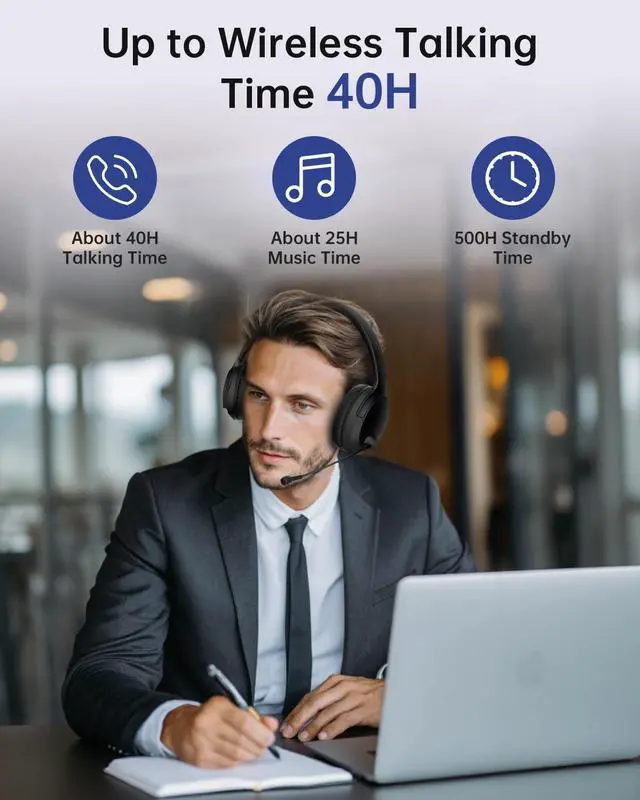 Alt view image 5 of 5 - Wireless Headset with Mic for Work up to 40H Talk Time, Over-Ear Foldable Bluetooth Wireless Headset with AI Noise Cancelling Mic, Bluetooth V5.3 & USB Dongle & Mic Mute for Home Office (Black)