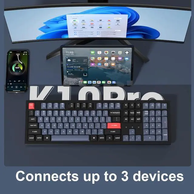 Alt view image 3 of 5 - Keychron K10 Pro QMK/VIA Custom Wireless Mechanical Keyboard, Hot-Swappable Full Size 108 Keys Programmable RGB LED Backlit Brown Switch, Bluetooth/USB-C Wired Gaming Keyboard for Mac Windows Linux
