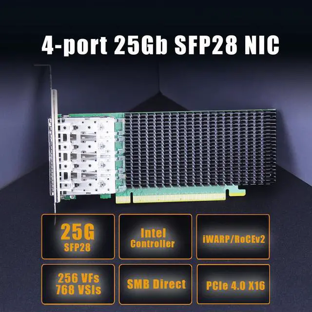 Alt view image 2 of 5 - GLOTRENDS ST7342 4-Port 25G SFP28 Ethernet Network Card with Intel E810-CAM1 Controller, PCIE 4.0 X16 Interface, Support Windows 11/10/Windows Server/Linux/RHEL/SLES/Ubuntu/Debian/Freebsd