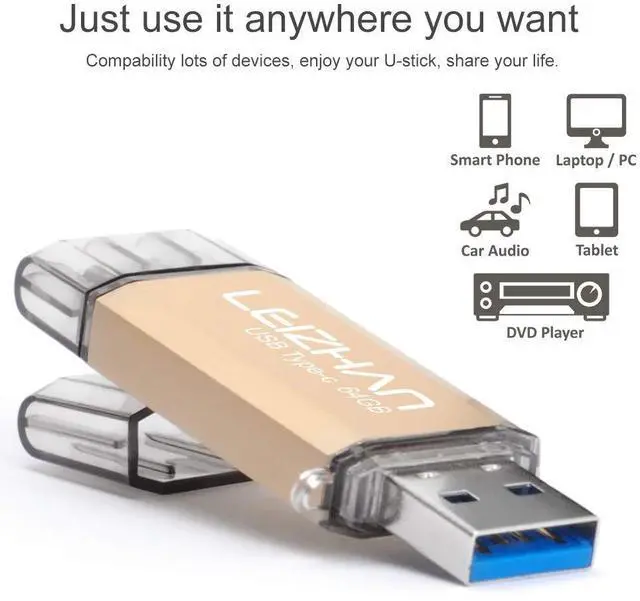 Alt view image 4 of 5 - leizhan 256GB USB 3.0 Flash Drive Thumb Drives Jump Drive Storage Memory Stick Type-C/USB 2 in 1 - Gold