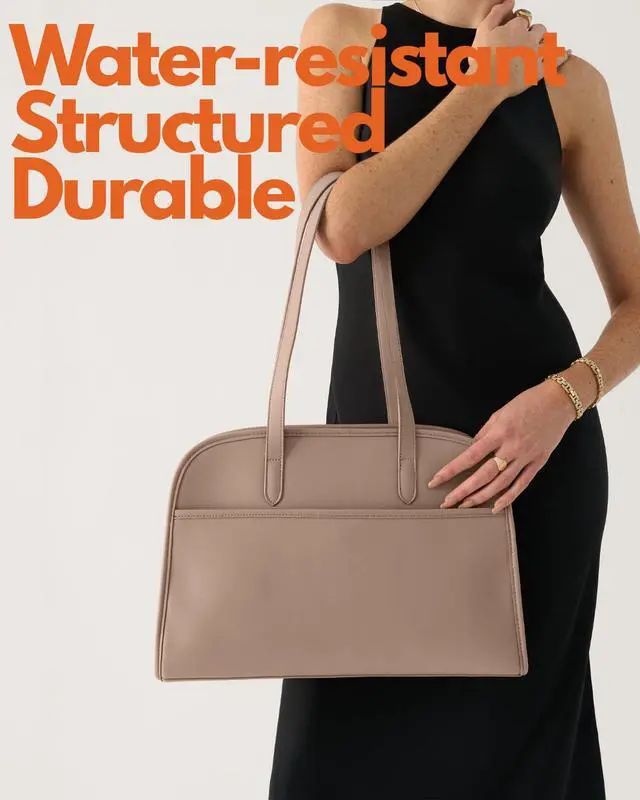 Alt view image 2 of 5 - Work Tote Bags for Women 15.6 Inch - Laptop Tote Bag with Zip Compartments - Briefcase for Women Professional for Computer - Large PU Leather Office Purse - Taupe