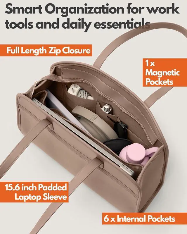 Alt view image 3 of 5 - Work Tote Bags for Women 15.6 Inch - Laptop Tote Bag with Zip Compartments - Briefcase for Women Professional for Computer - Large PU Leather Office Purse - Taupe