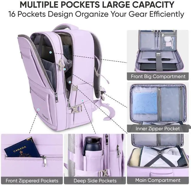Alt view image 2 of 5 - BALEINE Travel Backpack for Women Men, Large Sturdy Carry On Laptop Backpack Gifts for Business, Casual, Weekender, Hiking (Large, Lavender)