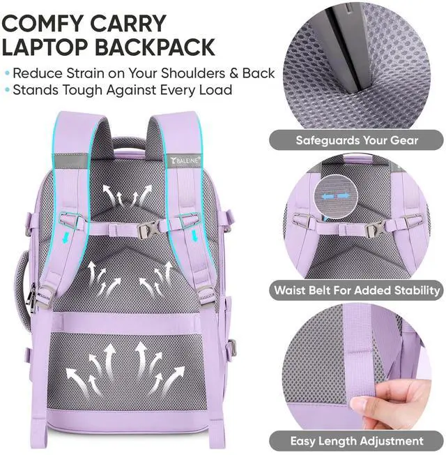 Alt view image 3 of 5 - BALEINE Travel Backpack for Women Men, Large Sturdy Carry On Laptop Backpack Gifts for Business, Casual, Weekender, Hiking (Large, Lavender)
