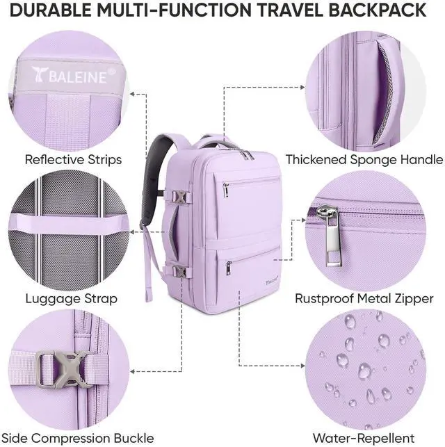 Alt view image 5 of 5 - BALEINE Travel Backpack for Women Men, Large Sturdy Carry On Laptop Backpack Gifts for Business, Casual, Weekender, Hiking (Large, Lavender)