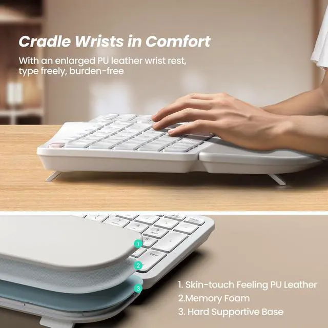 Alt view image 4 of 5 - Nulea Wireless Ergonomic Keyboard, Split Keyboard with Cushioned Wrist Rest, Bluetooth and USB Connectivity, USB-C Rechargeable, Compatible with Windows Mac (White Pink)