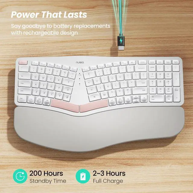Alt view image 3 of 5 - Nulea Wireless Ergonomic Keyboard, Split Keyboard with Cushioned Wrist Rest, Bluetooth and USB Connectivity, USB-C Rechargeable, Compatible with Windows Mac (White Pink)