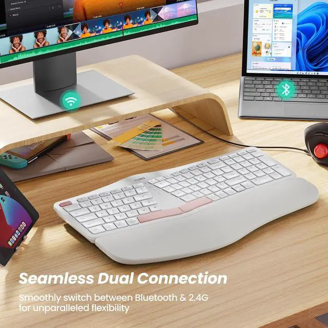 Alt view image 5 of 5 - Nulea Wireless Ergonomic Keyboard, Split Keyboard with Cushioned Wrist Rest, Bluetooth and USB Connectivity, USB-C Rechargeable, Compatible with Windows Mac (White Pink)