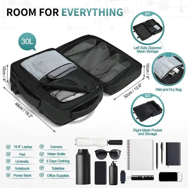 Alt view image 4 of 5 - SUIKIHUM Business Travel Carry on Backpack, Lay Flat Luggage Style Bag with USB C & A, 16-inch Suitcase Capacity, Airline Approved, Black