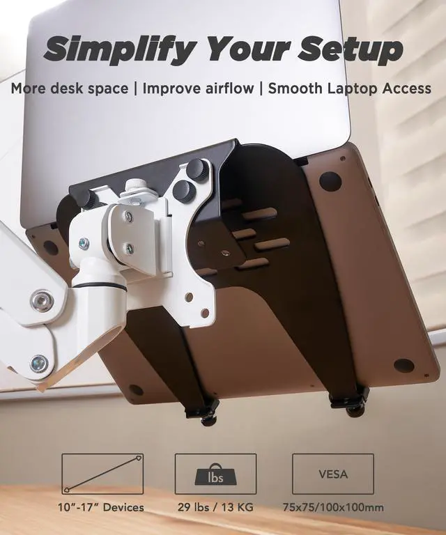 Alt view image 2 of 5 - ULTRARM Laptop Tray Steel Notebook Holder for Monitor Arm Desk Mount Stand Fits VESA 75/100 Mounting Holes 29lbs Capacity with Vented Cooling Platform Smooth Laptop Access Design, Black, MAAC-L