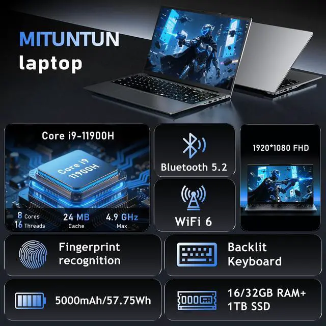 Alt view image 2 of 5 - MITUNTUN Gaming Laptop Computer, 15.6 Inch Lap Top PC Win 11 Pro 2025i9-11900H Processor(up to 4.9Ghz), 16GB RAM 1TB SSD, 1920 * 1080 IPS Display, Backlit Keyboard, 5000mAh Battery, WiFi 6, BT5.2