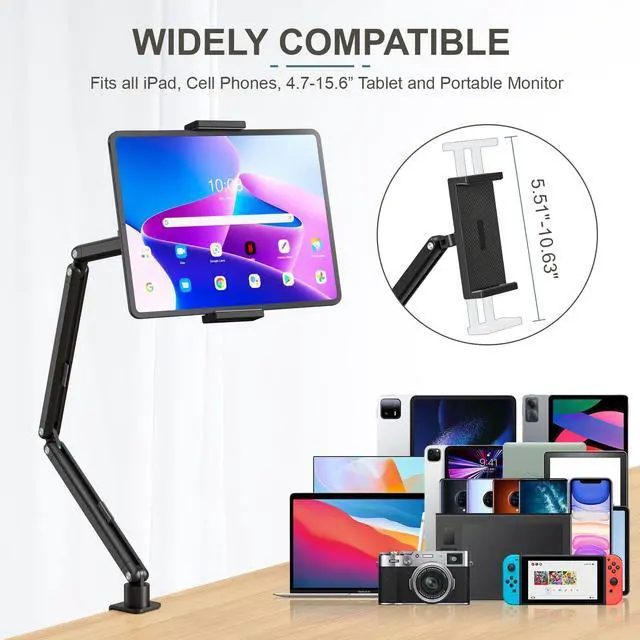 Alt view image 2 of 5 - Tablet Stand Holder, Adjustable Foldable iPad Desk Mount Arm with 360°Rotate Base, Tablet Holder with Clamp iPad Stand for Desk, Compatible with Tablets, Phones or Other 4.7-15.6" Device