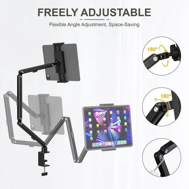 Alt view image 3 of 5 - Tablet Stand Holder, Adjustable Foldable iPad Desk Mount Arm with 360°Rotate Base, Tablet Holder with Clamp iPad Stand for Desk, Compatible with Tablets, Phones or Other 4.7-15.6" Device