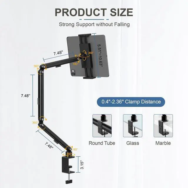 Alt view image 4 of 5 - Tablet Stand Holder, Adjustable Foldable iPad Desk Mount Arm with 360°Rotate Base, Tablet Holder with Clamp iPad Stand for Desk, Compatible with Tablets, Phones or Other 4.7-15.6" Device