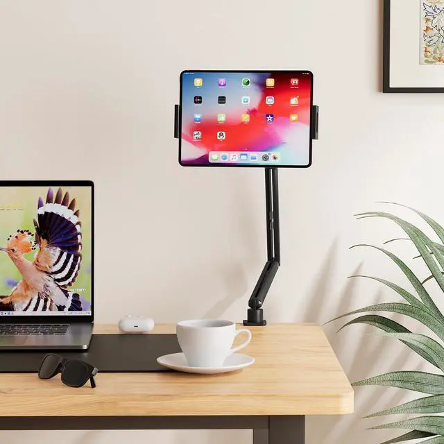 Alt view image 5 of 5 - Tablet Stand Holder, Adjustable Foldable iPad Desk Mount Arm with 360°Rotate Base, Tablet Holder with Clamp iPad Stand for Desk, Compatible with Tablets, Phones or Other 4.7-15.6" Device