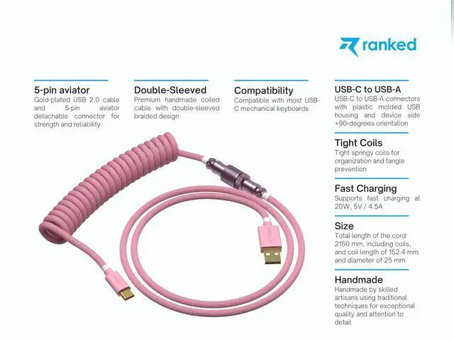 Alt view image 2 of 5 - Ranked Coiled Keyboard Cable | Handcrafted Double-Sleeved Braided Cable | USB Type C to A | 5-Pin Aviator Connector for Custom Mechanical Gaming Keyboard | Support Fast Charge 20W (Pink)