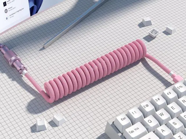 Alt view image 3 of 5 - Ranked Coiled Keyboard Cable | Handcrafted Double-Sleeved Braided Cable | USB Type C to A | 5-Pin Aviator Connector for Custom Mechanical Gaming Keyboard | Support Fast Charge 20W (Pink)