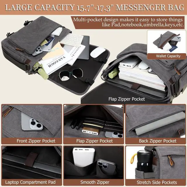 Alt view image 3 of 5 - 17.3 Inch Messenger Bag for Men: 2PCS Laptop Work PU Leather Canvas Briefcase Carry On Large Computer for Office College Travel (Grey)