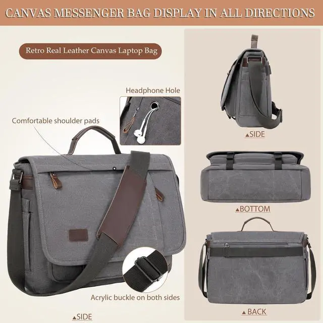 Alt view image 4 of 5 - 17.3 Inch Messenger Bag for Men: 2PCS Laptop Work PU Leather Canvas Briefcase Carry On Large Computer for Office College Travel (Grey)