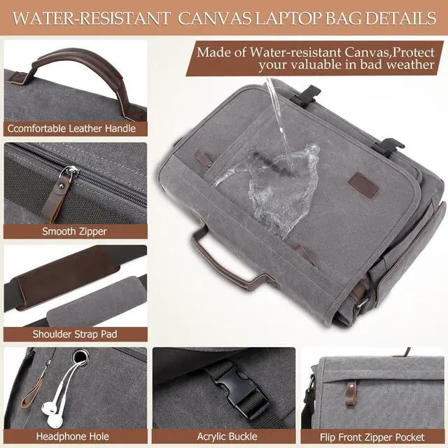 Alt view image 5 of 5 - 17.3 Inch Messenger Bag for Men: 2PCS Laptop Work PU Leather Canvas Briefcase Carry On Large Computer for Office College Travel (Grey)