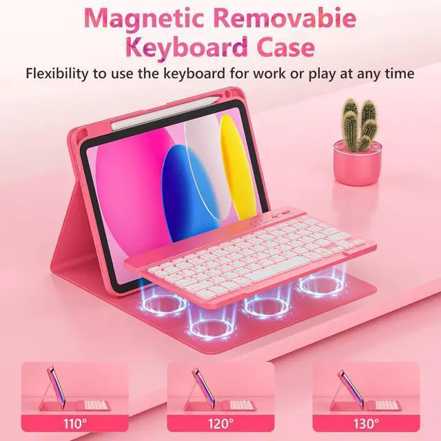 Alt view image 4 of 5 - FUWANG for iPad A16 11th 10th Generation Case with Keyboard, Detachable 7 Colors Backlit Wireless Marble Keyboard Case with Pencil Holder for iPad A16 11th 11-inch 2025 &10th Gen 10.9 Inch 2022, Pink