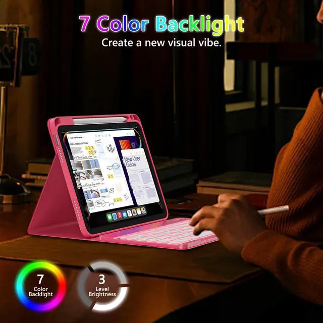 Alt view image 3 of 5 - FUWANG for iPad A16 11th 10th Generation Case with Keyboard, Detachable 7 Colors Backlit Wireless Marble Keyboard Case with Pencil Holder for iPad A16 11th 11-inch 2025 &10th Gen 10.9 Inch 2022, Pink