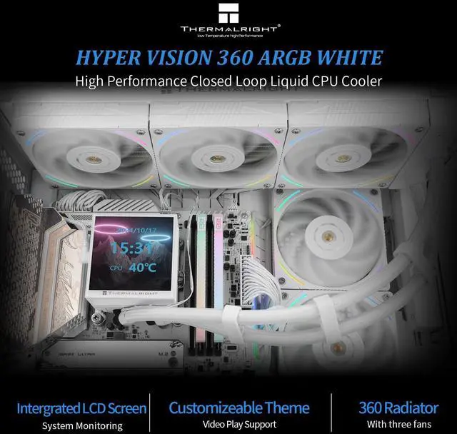 Alt view image 2 of 5 - Thermalrlght Hyper Vision 360 ARGB White CPU Water Cooler,3 PWM Fans Water Cooling System,IPS LCD Screen with 480x480 Resolution,for AM4/AM5,Intel LGA1851/1700,CPU Liquid Cooler,3.95-inch Display