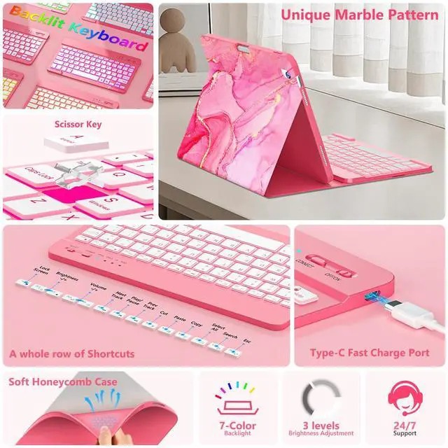 Alt view image 5 of 5 - FUWANG for iPad A16 11th 10th Generation Case with Keyboard, Detachable 7 Colors Backlit Wireless Marble Keyboard Case with Pencil Holder for iPad A16 11th 11-inch 2025 &10th Gen 10.9 Inch 2022, Pink