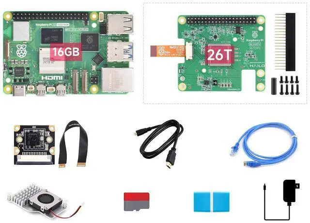 Main image of Waveshare PI5-16GB AI Kit, Compatible with Raspberry Pi 5, Bundle with Raspberry Pi 5 16GB, Raspberry Pi AI HAT+ 26T, PI5-IMX219-77 Camera, Cooler, 64GB TF Card, Cable and so on (9 Items)