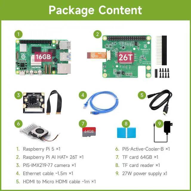 Alt view image 2 of 5 - Waveshare PI5-16GB AI Kit, Compatible with Raspberry Pi 5, Bundle with Raspberry Pi 5 16GB, Raspberry Pi AI HAT+ 26T, PI5-IMX219-77 Camera, Cooler, 64GB TF Card, Cable and so on (9 Items)