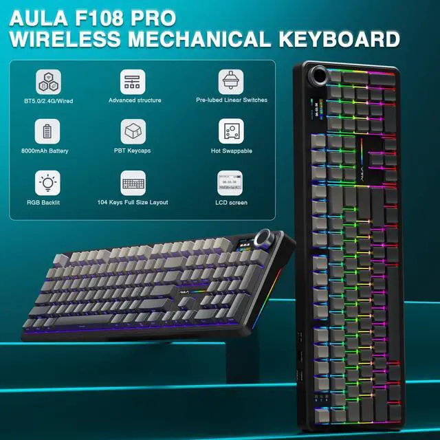Alt view image 3 of 5 - AULA F108 PRO Wireless Mechanical Keyboard with Screen & Knob SC580 Tri-Mode Gaming Mouse