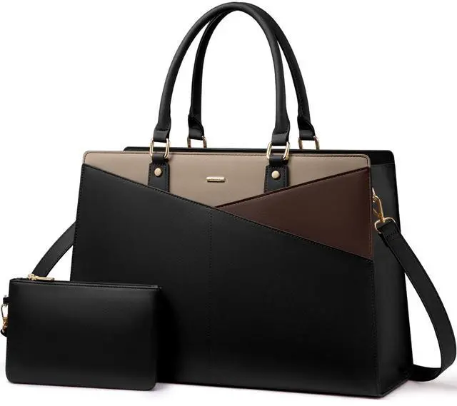 Main image of LOVEVOOK Laptop Tote Bag for Women, Leather Business Office Work Bag Computer Briefcase with Small Clutch fit for 15.6 Inch Laptop,Black-Khaki-Coffee