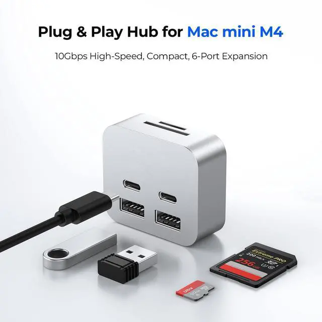 Alt view image 2 of 5 - Mac mini M4 Dock, MiniPack Expansion Dock, 6-in-1 Aluminum Mac mini M4 Hub with 2xUSB A 10Gbps, 2xUSB C 10Gbps, SD/TF Card Readers with High-Speed Data Transfer & Multi-Device Connectivity