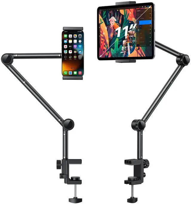 Main image of OMOTON Tablet Stand Mount for Desk, Adjustable Phone Holder for Bed with Metal Arm Fits for 4.7-11 Inches iPad Pro, Air/Mini, Kindle and Phones