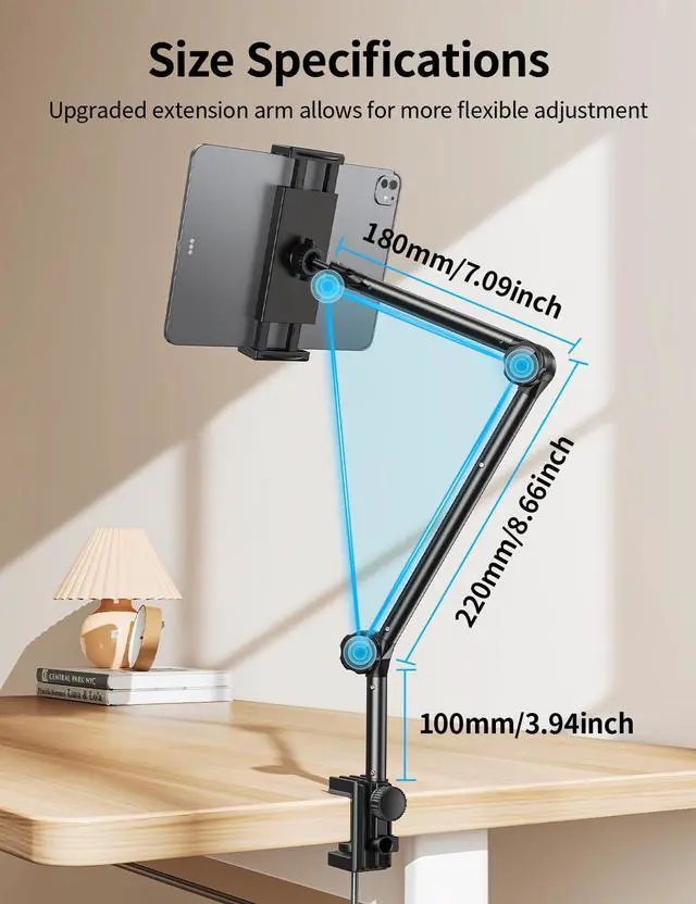 Alt view image 2 of 5 - OMOTON Tablet Stand Mount for Desk, Adjustable Phone Holder for Bed with Metal Arm Fits for 4.7-11 Inches iPad Pro, Air/Mini, Kindle and Phones