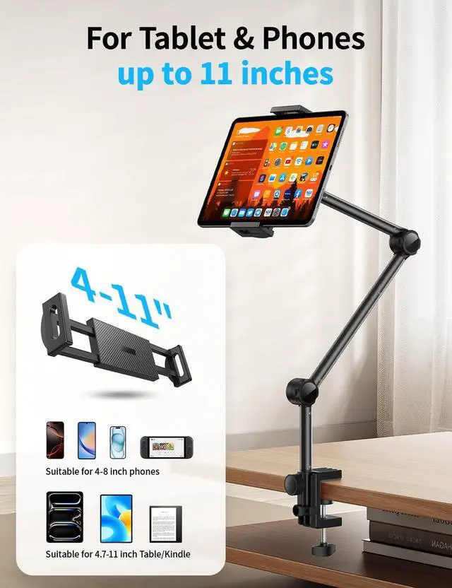 Alt view image 3 of 5 - OMOTON Tablet Stand Mount for Desk, Adjustable Phone Holder for Bed with Metal Arm Fits for 4.7-11 Inches iPad Pro, Air/Mini, Kindle and Phones