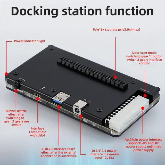 Alt view image 2 of 5 - Mini eGPU Enclosure, 40Gbps PCIE 16X External Graphics Card Dock with ATX 24Pin/DC 12V PCIE Dual Power Supply Expansion Graphics Docking Station for USB4.0 PCIE X4 Thunderbolt 3/4