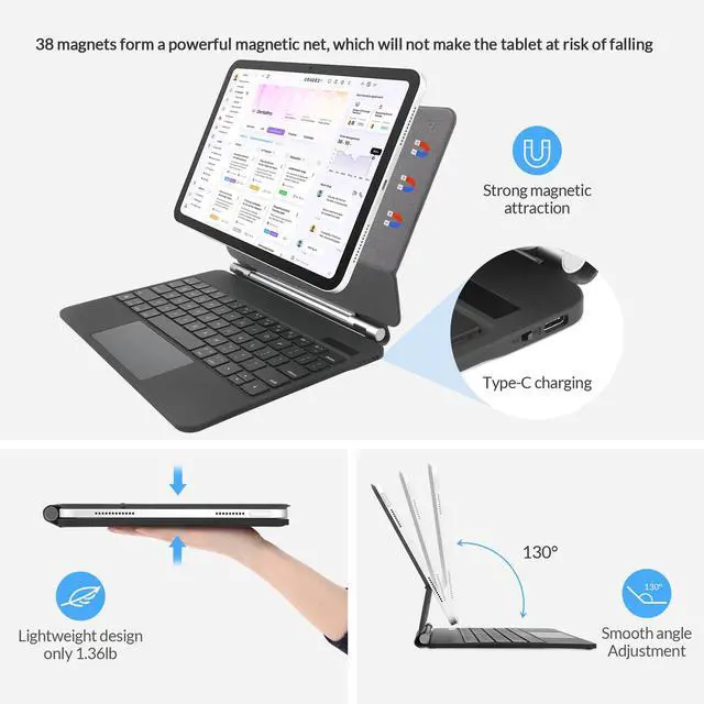 Alt view image 5 of 5 - Rii Keyboard Case for iPad 10th Generation 10.9 inch 2022,Magnetic Style with Multi-Touch Trackpad, Backlit Rechargeable Bluetooth Keyboard for iPad (Black, 10th 10.9inch)