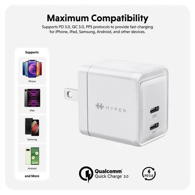 Alt view image 4 of 5 - Hyper Juice 35W USB C Charger Block GaN Charger. Dual Port Fast Charger USB C GaN Charger for iPhone, iPad, MacBook. Compact & Portable 35W USB C Charger for 2 Devices.