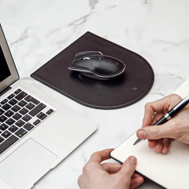 Alt view image 2 of 5 - LUNAR ARTEFACTS Ambidextrous Rechargeable Bluetooth Wireless Computer Mouse Black French Leather and Aluminum, Qi Enabled USB-C