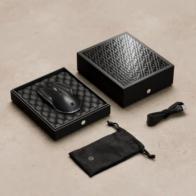 Alt view image 3 of 5 - LUNAR ARTEFACTS Ambidextrous Rechargeable Bluetooth Wireless Computer Mouse Black French Leather and Aluminum, Qi Enabled USB-C