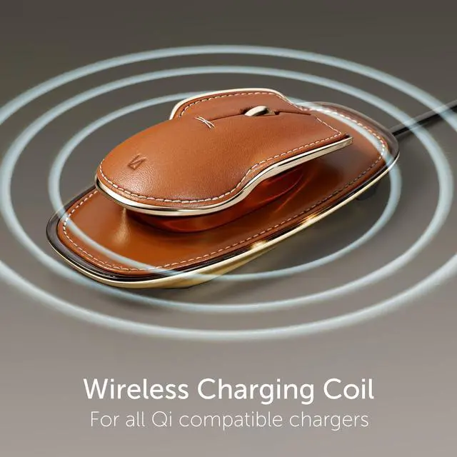 Alt view image 5 of 5 - LUNAR ARTEFACTS Ambidextrous Rechargeable Bluetooth Wireless Computer Mouse Black French Leather and Aluminum, Qi Enabled USB-C