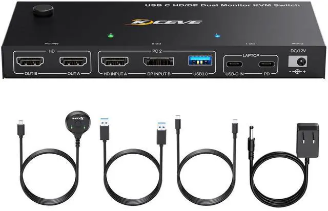 Main image of USB C HDMI DP KVM Switch for 1 Desktop+1 Laptop, Dual Monitor KVM Switch 4K@60Hz Support PD with USB C Cable, Wired Controller and Power Adapter