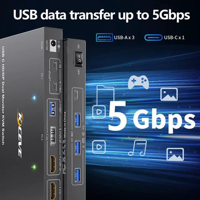 Alt view image 5 of 5 - USB C HDMI DP KVM Switch for 1 Desktop+1 Laptop, Dual Monitor KVM Switch 4K@60Hz Support PD with USB C Cable, Wired Controller and Power Adapter