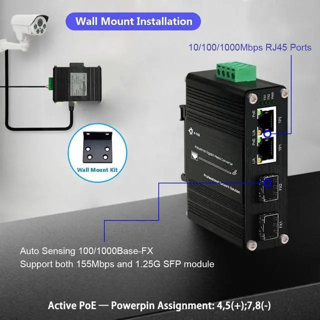 Alt view image 2 of 5 - Mini Industrial 2 Ports Gigabit 30W PoE Media Converter, Din Rail Mount Hardened IEEE 802.3af/at 30W PoE+ Fiber Switch, 12V- 48VDC Power Input