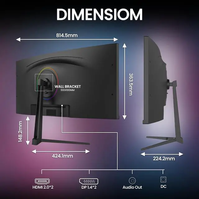 Alt view image 2 of 5 - CRUA 34" Curved Gaming Monitor, IPS WQHD(3440x1440P) 120Hz 1900R 21:9 UltraWide PC Display, 130% sRGB, AMD FreeSync, Blue Light Filter, HDMI/DP Ports, Wall Mountable Installs Black